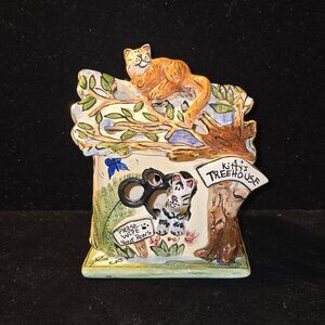 Vtg Blue Sky Clay Works Hand-Painted Ceramic kitty house Cat Candle Holder & Tri